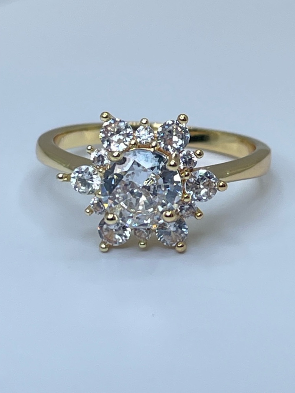 Gold Diamond White CZ Floral Halo Ring Boho Art Deco Minimalist Round Cut